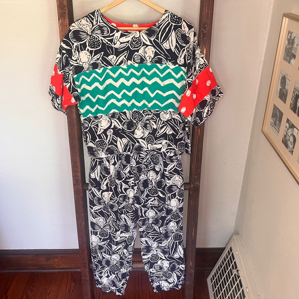 Ken Done Art To Wear Vintage 2 Piece Set Floral Chevron Rayon Pants Top Small - Picture 13 of 16